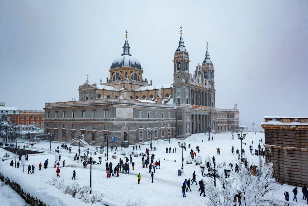 Almudena Cathedral covered with snow after the Filomena's passage through Madrid